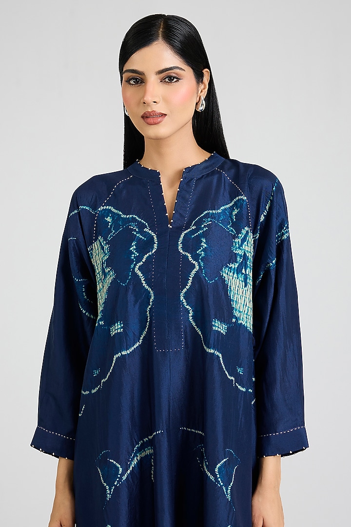 Blue Mulberry Silk Shibori Printed Tunic by Divyam Mehta at Pernia's Pop Up Shop