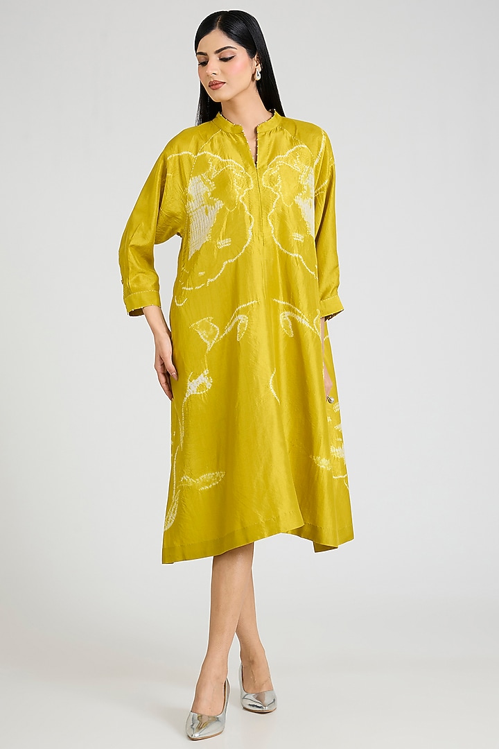 Yellow Mulberry Silk Shibori Printed Tunic by Divyam Mehta at Pernia's Pop Up Shop