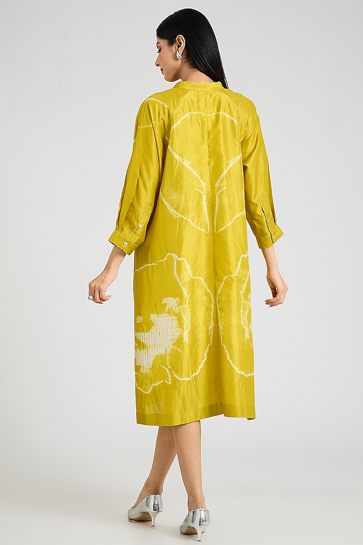 Yellow Mulberry Silk Shibori Printed Tunic by Divyam Mehta at Pernia's Pop Up Shop