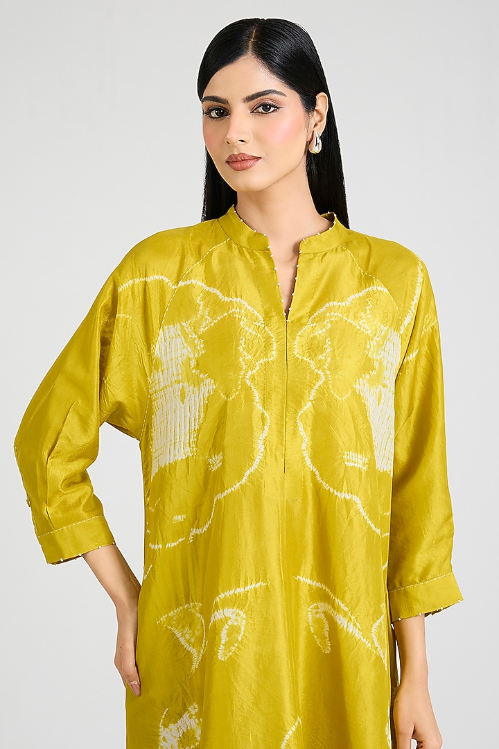 Yellow Mulberry Silk Shibori Printed Tunic by Divyam Mehta at Pernia's Pop Up Shop