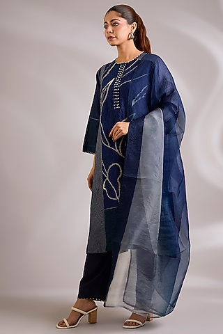 Blue Mulberry Silk Floral Hand Embroidered Kurta Set by Divyam Mehta