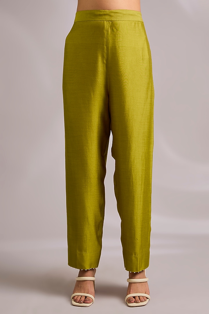 Yellow Mulberry Silk Floral Hand Embroidered Kurta Set by Divyam Mehta at Pernia's Pop Up Shop