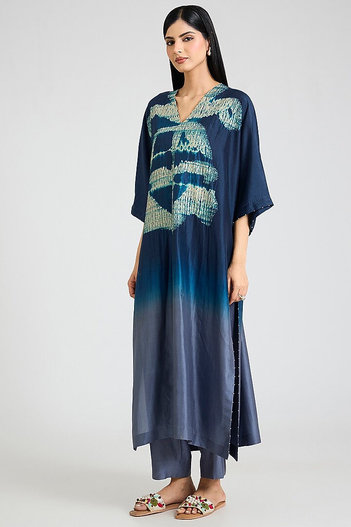 Blue Ombre Mulberry Silk Shibori Printed Kurta Set by Divyam Mehta at Pernia's Pop Up Shop