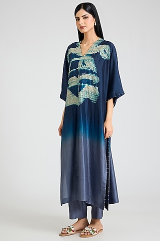 Blue Ombre Mulberry Silk Shibori Printed Kurta Set by Divyam Mehta