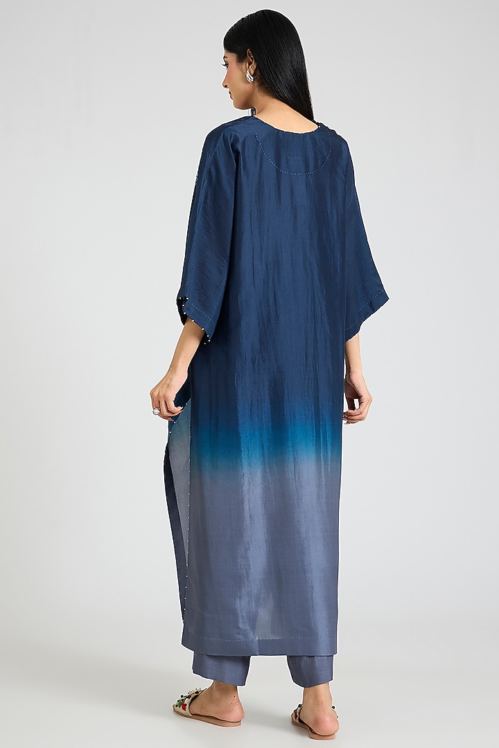 Blue Ombre Mulberry Silk Shibori Printed Kurta Set by Divyam Mehta at Pernia's Pop Up Shop