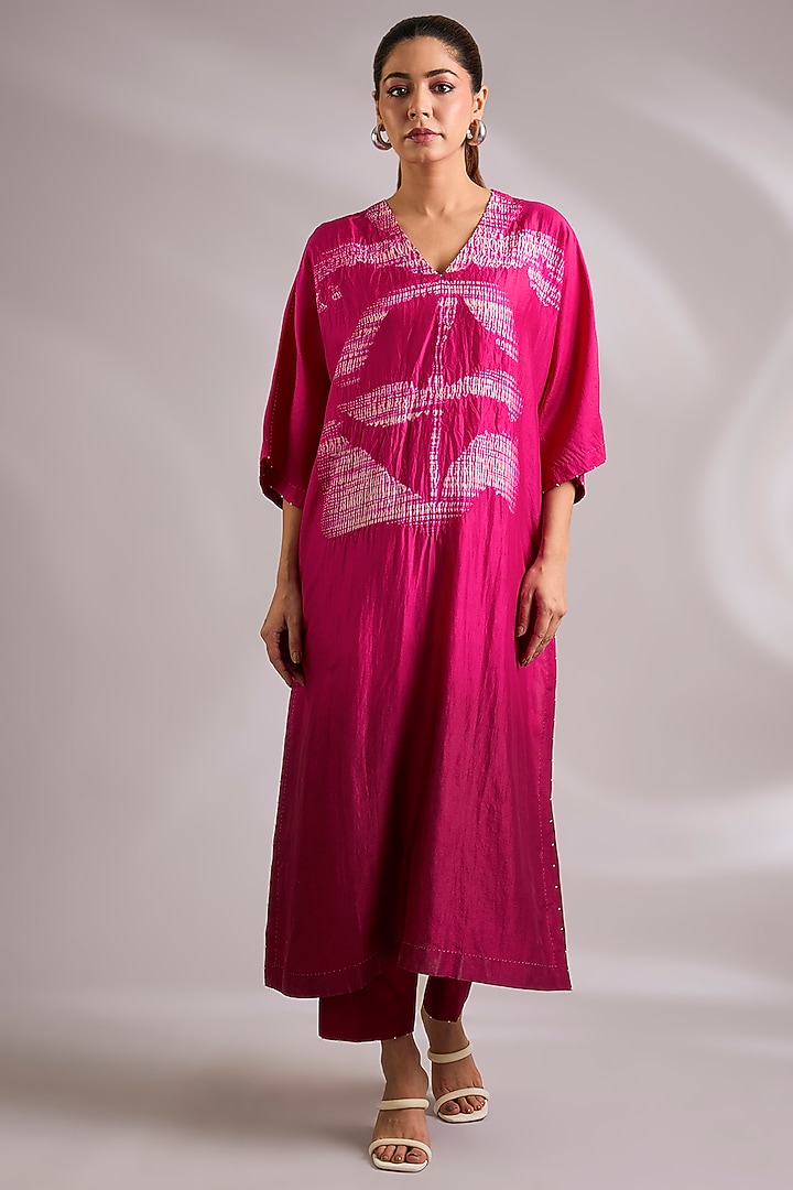 Pink Mulberry Silk Floral Shibori Print Tunic Set by Divyam Mehta at Pernia's Pop Up Shop