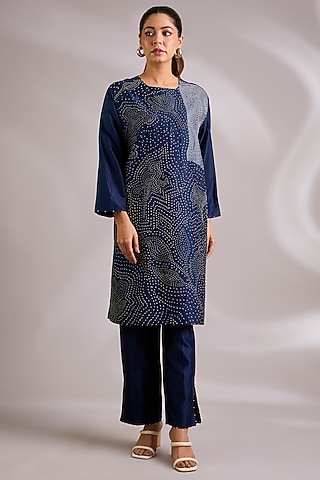 Blue Mulberry Silk Floral Hand Embroidered Kurta Set by Divyam Mehta