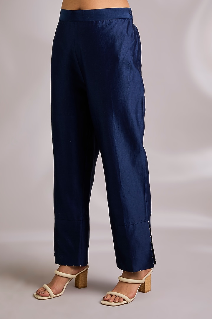 Blue Mulberry Silk Floral Hand Embroidered Kurta Set by Divyam Mehta at Pernia's Pop Up Shop