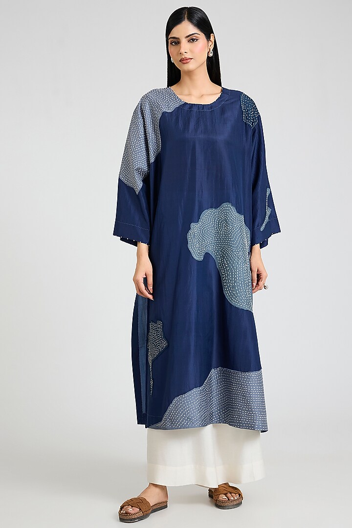 Blue Mulberry Silk Block Printed & Hand Embroidered Kurta Set by Divyam Mehta at Pernia's Pop Up Shop