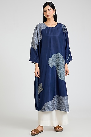 Blue Mulberry Silk Block Printed & Hand Embroidered Kurta Set by Divyam Mehta