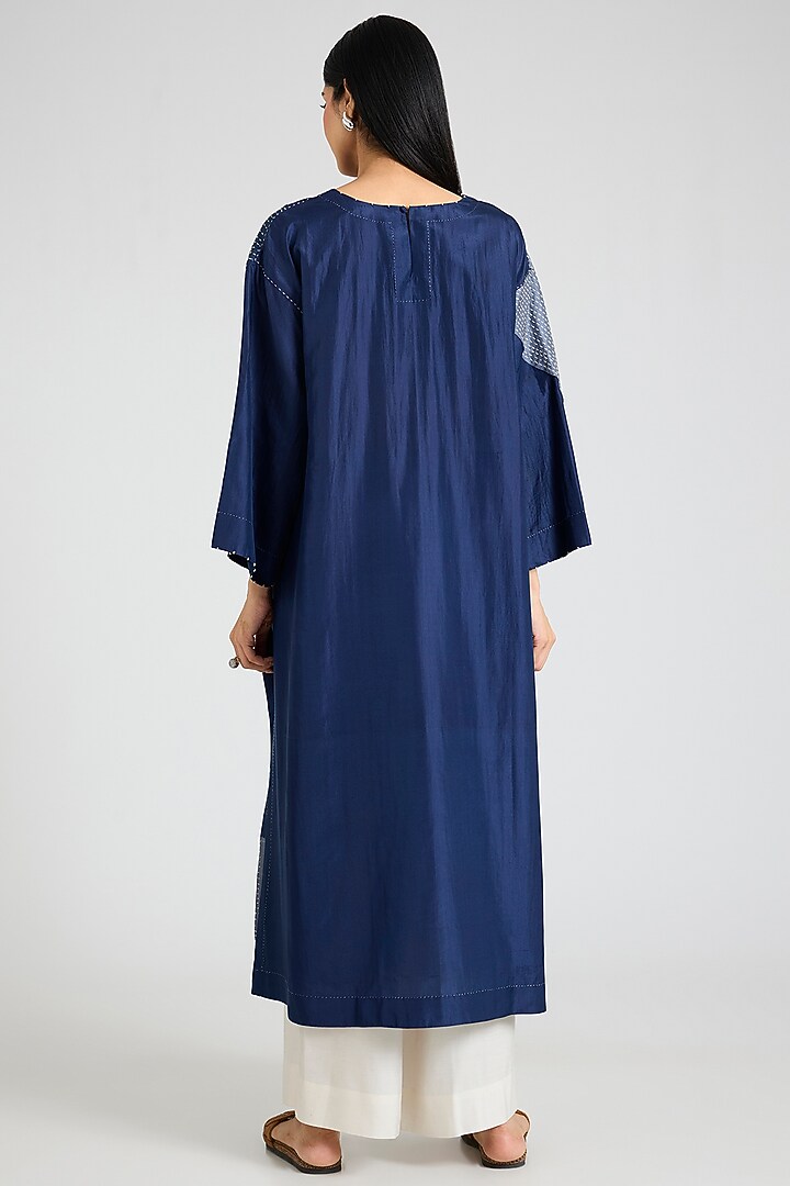 Blue Mulberry Silk Block Printed & Hand Embroidered Kurta Set by Divyam Mehta at Pernia's Pop Up Shop