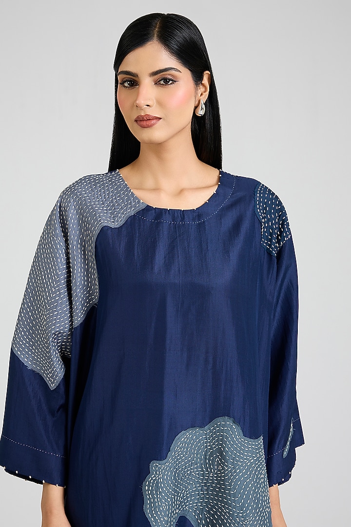 Blue Mulberry Silk Block Printed & Hand Embroidered Kurta Set by Divyam Mehta at Pernia's Pop Up Shop