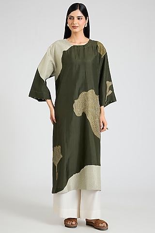 Green Mulberry Silk Block Printed & Hand Embroidered Kurta Set by Divyam Mehta