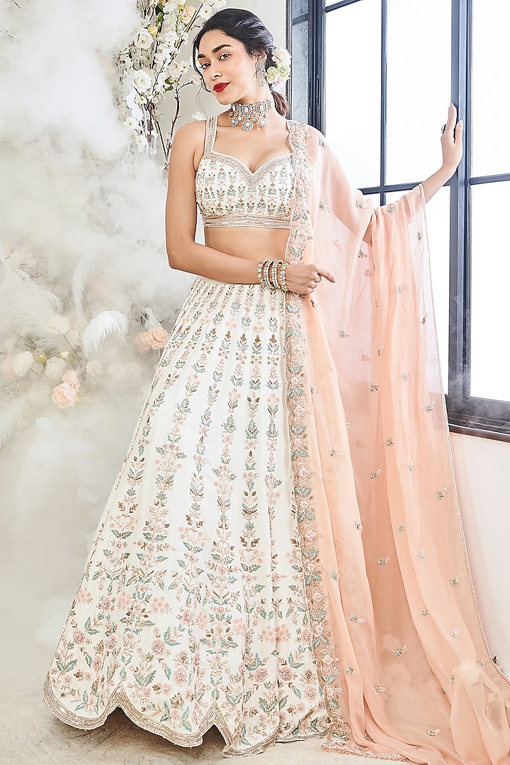 Ivory Silk Resham Embroidered Wedding Lehenga Set by DISHA MUCHHALA at Pernia's Pop Up Shop