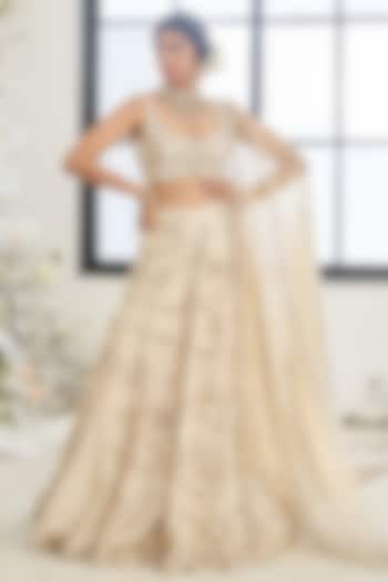 Beige Silk Zardosi Embroidered Wedding Lehenga Set by DISHA MUCHHALA at Pernia's Pop Up Shop