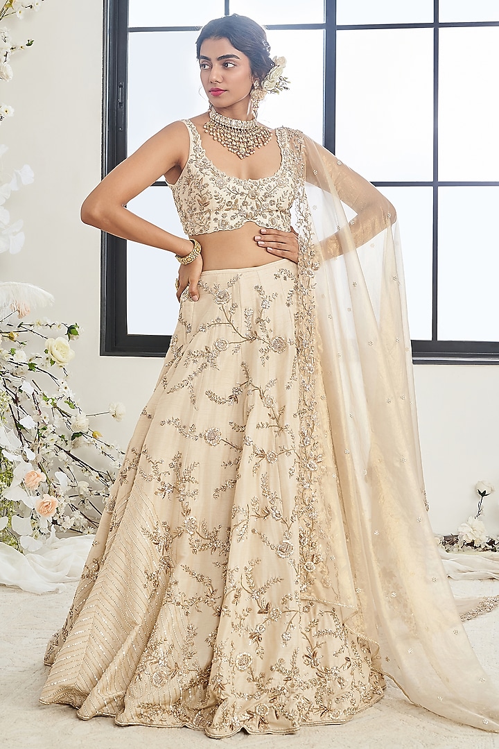 Beige Silk Zardosi Embroidered Wedding Lehenga Set by DISHA MUCHHALA at Pernia's Pop Up Shop