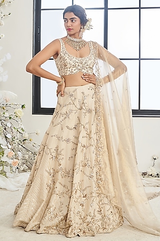 Beige Silk Zardosi Embroidered Lehenga Set by DISHA MUCHHALA