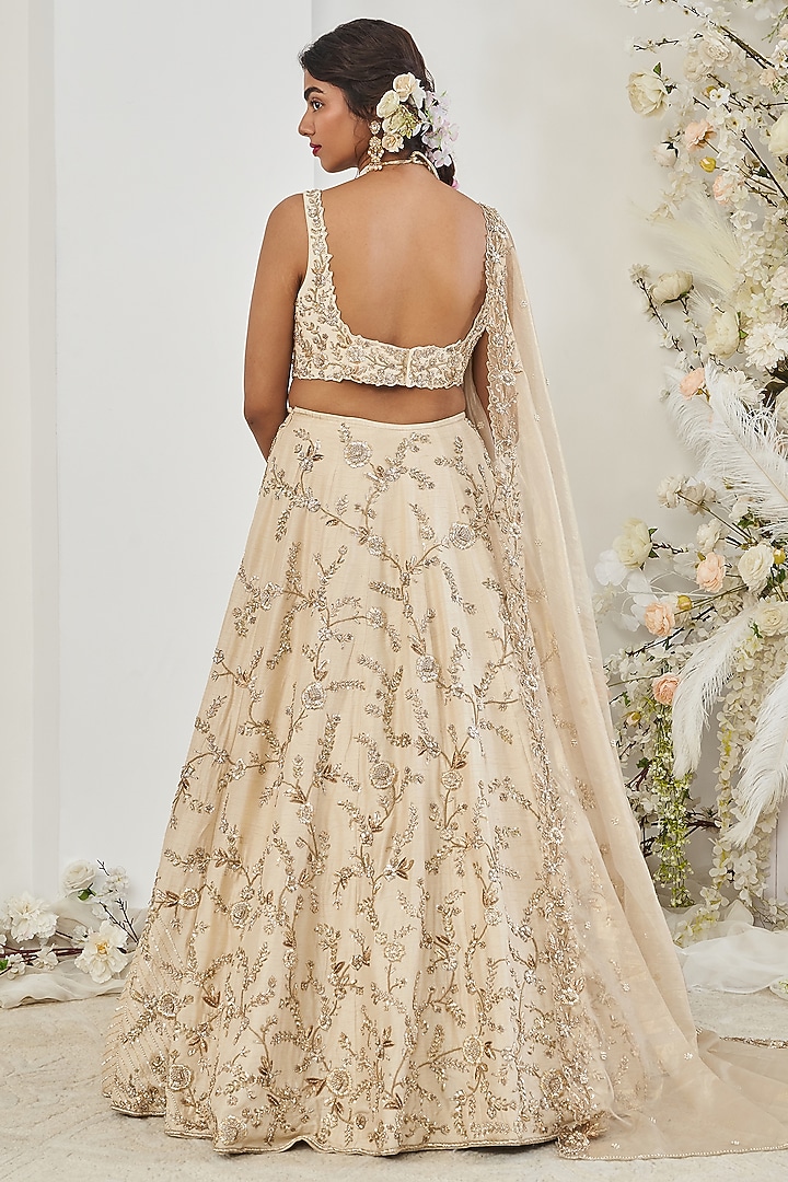 Beige Silk Zardosi Embroidered Bridal Lehenga Set by DISHA MUCHHALA at Pernia's Pop Up Shop