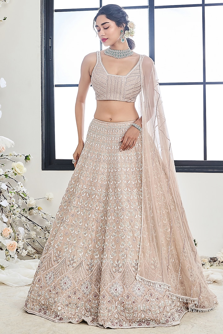 English Gold Silk Zardosi Embroidered Wedding Lehenga Set by DISHA MUCHHALA at Pernia's Pop Up Shop