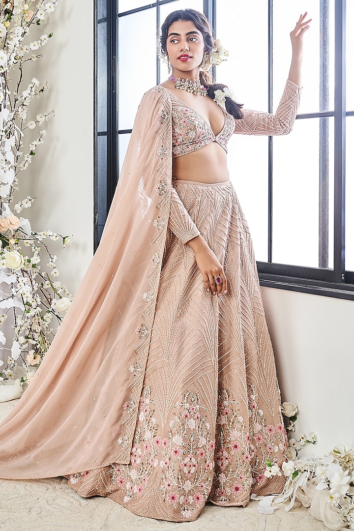 Rusty Beige Silk Resham Embroidered Wedding Lehenga Set by DISHA MUCHHALA at Pernia's Pop Up Shop