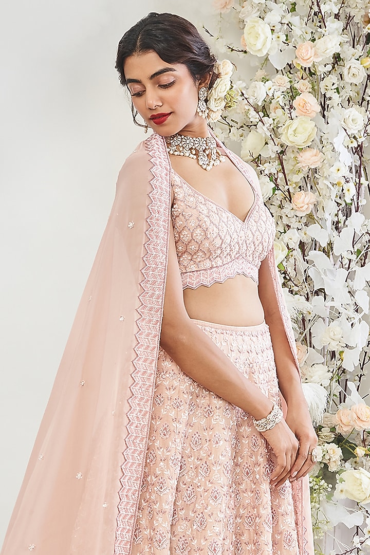 Rusty Pink Silk Sequins Embroidered Wedding Lehenga Set by DISHA MUCHHALA at Pernia's Pop Up Shop