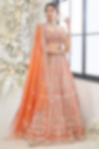 Rust Orange Silk Sequins Embellished Wedding Lehenga Set by DISHA MUCHHALA at Pernia's Pop Up Shop