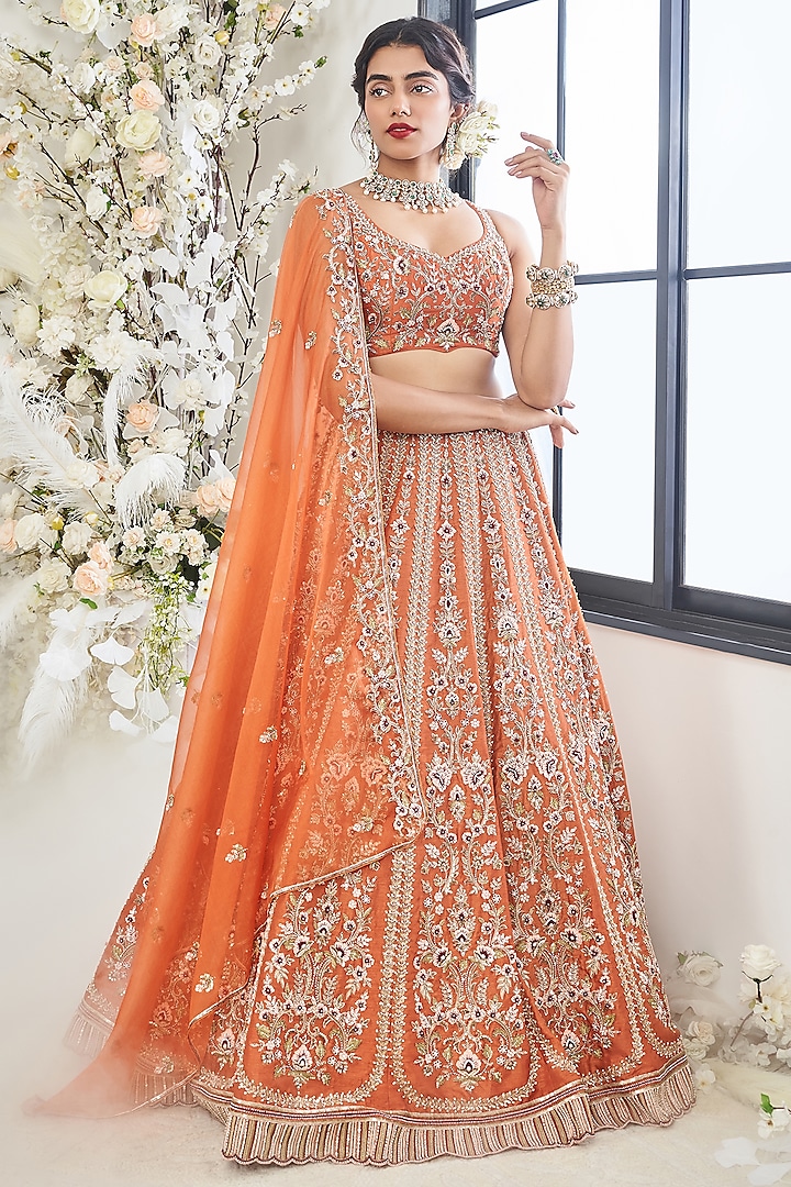 Rust Orange Silk Sequins Embellished Wedding Lehenga Set by DISHA MUCHHALA at Pernia's Pop Up Shop