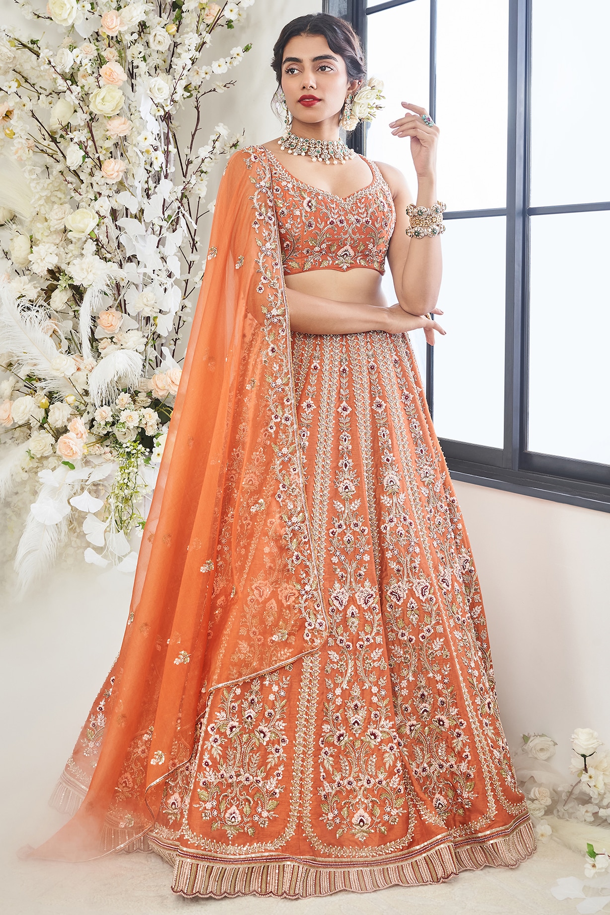 Rusty Orange Lehenga Set with Gold Sequin and Cut dana Work main image 1