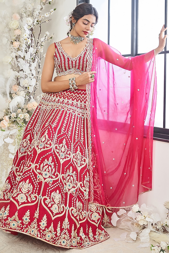 Red-Pink Silk Zardosi Embroidered Wedding Lehenga Set by DISHA MUCHHALA at Pernia's Pop Up Shop