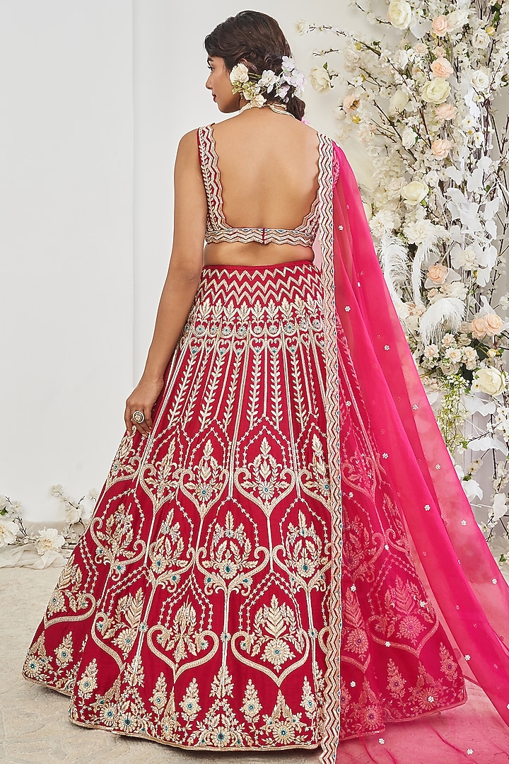 Red-Pink Silk Zardosi Embroidered Wedding Lehenga Set by DISHA MUCHHALA at Pernia's Pop Up Shop