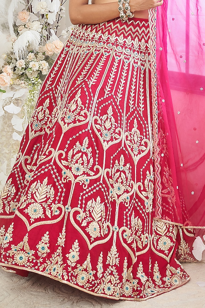 Red-Pink Silk Zardosi Embroidered Wedding Lehenga Set by DISHA MUCHHALA at Pernia's Pop Up Shop