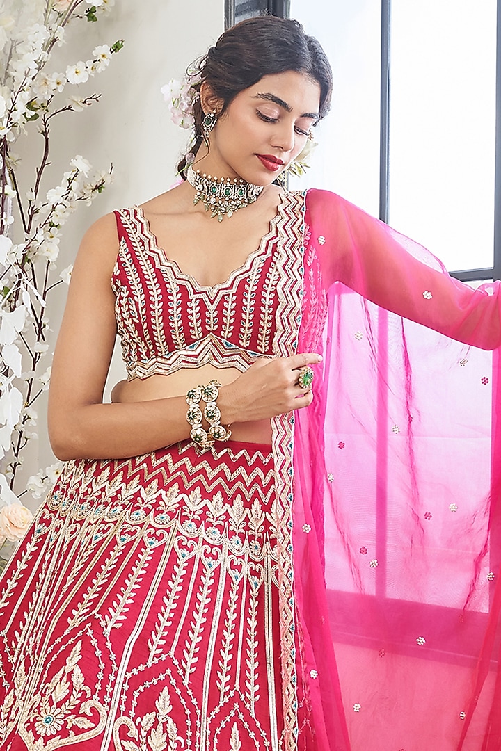 Red-Pink Silk Zardosi Embroidered Wedding Lehenga Set by DISHA MUCHHALA at Pernia's Pop Up Shop