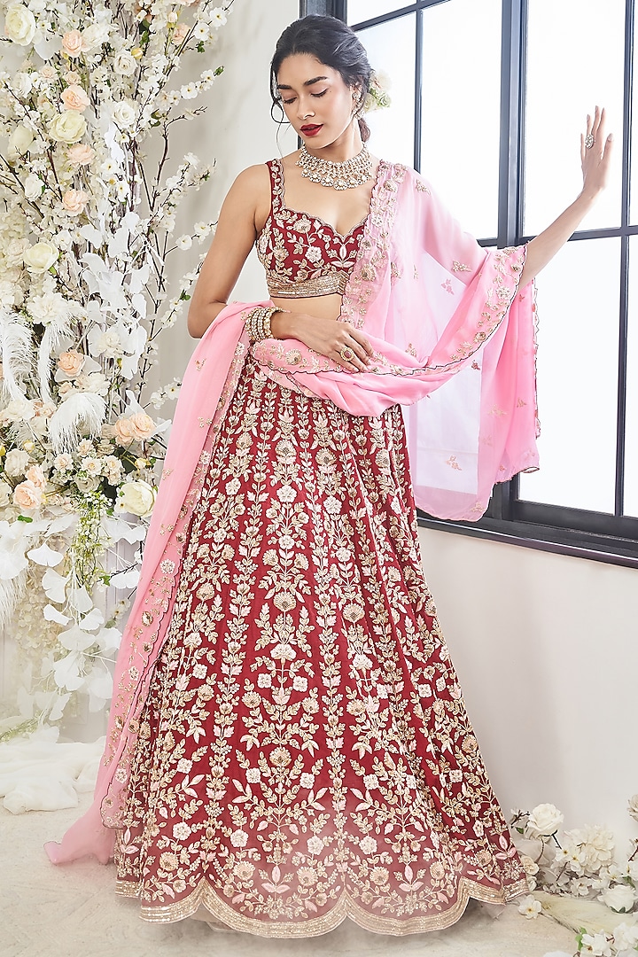 Red Silk Zardosi Embroidered Wedding Lehenga Set by DISHA MUCHHALA at Pernia's Pop Up Shop