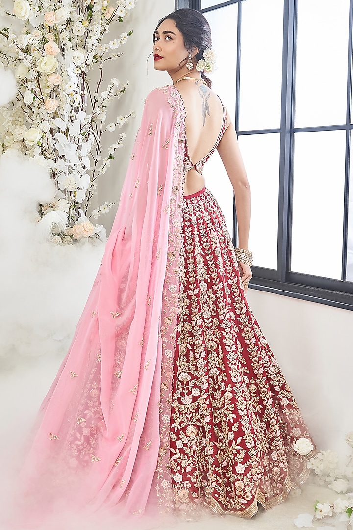 Red Silk Zardosi Embroidered Wedding Lehenga Set by DISHA MUCHHALA at Pernia's Pop Up Shop