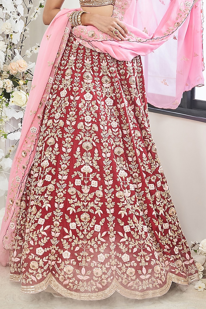 Red Silk Zardosi Embroidered Wedding Lehenga Set by DISHA MUCHHALA at Pernia's Pop Up Shop