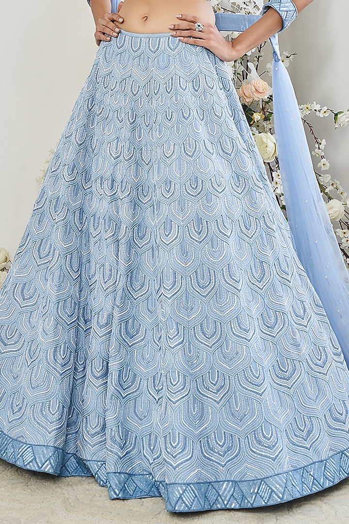 English Blue Silk Sequins Embroidered Wedding Lehenga Set by DISHA MUCHHALA at Pernia's Pop Up Shop