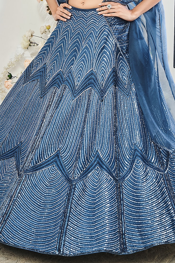 Dusty Blue Silk Sequins Embroidered Wedding Lehenga Set by DISHA MUCHHALA at Pernia's Pop Up Shop
