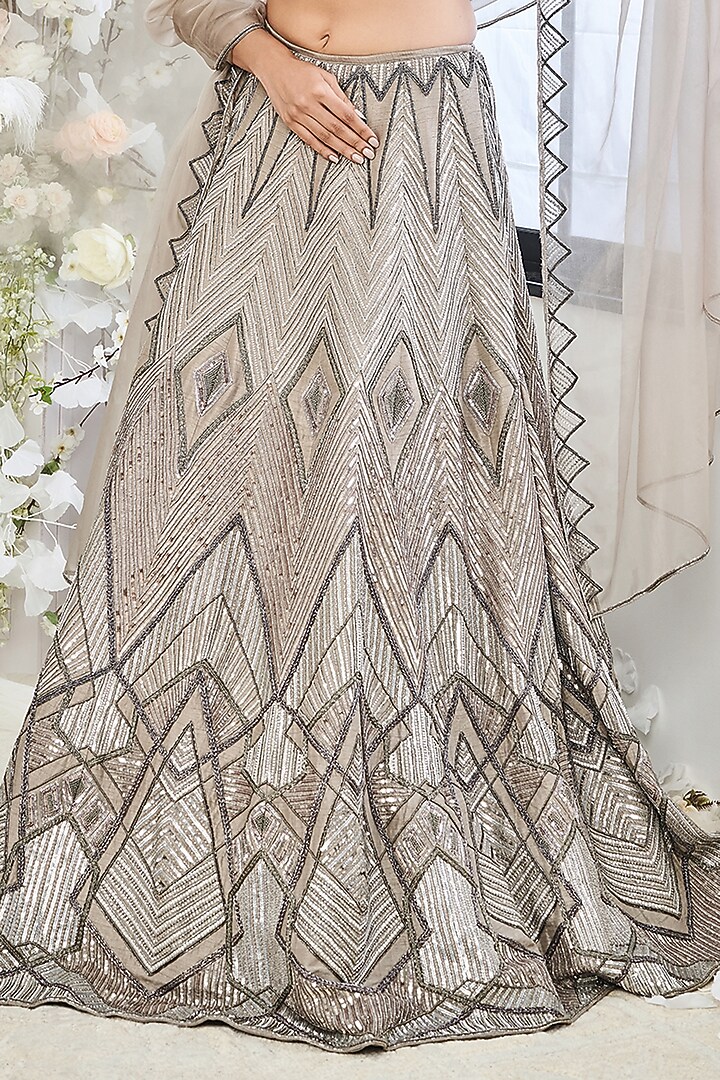 English Grey Silk Sequins Embroidered Bridal Lehenga Set by DISHA MUCHHALA at Pernia's Pop Up Shop