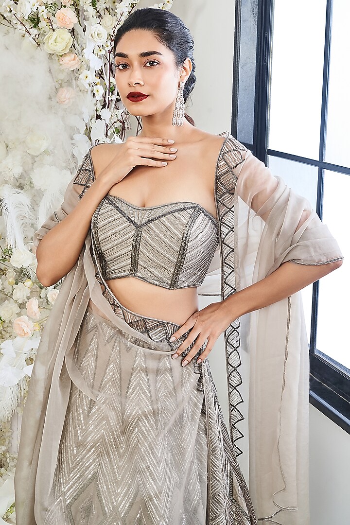 English Grey Silk Sequins Embroidered Bridal Lehenga Set by DISHA MUCHHALA at Pernia's Pop Up Shop