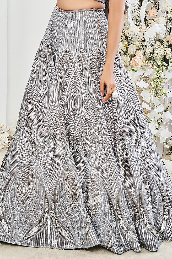 Dusty Grey Silk Sequins Embroidered Wedding Lehenga Set by DISHA MUCHHALA at Pernia's Pop Up Shop