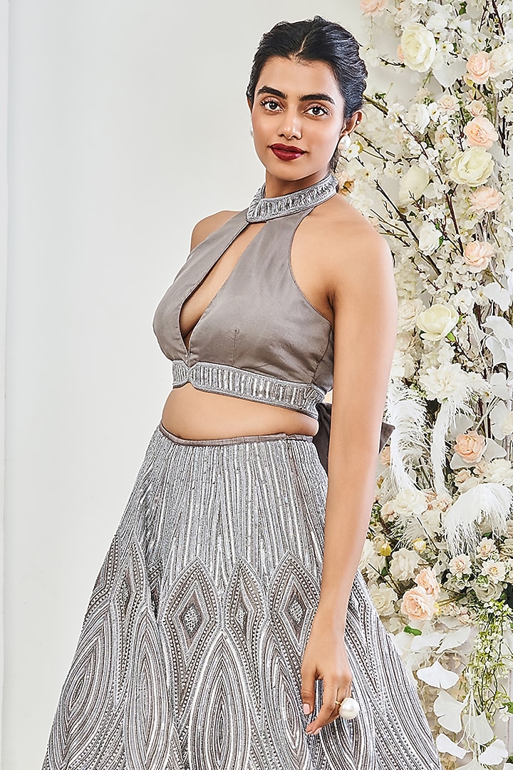 Dusty Grey Silk Sequins Embroidered Wedding Lehenga Set by DISHA MUCHHALA at Pernia's Pop Up Shop
