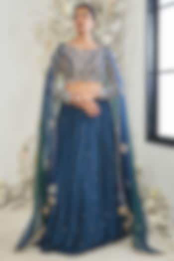 Teal Blue Wrinkle Chiffon Sequins Embroidered Wedding Lehenga Set by DISHA MUCHHALA at Pernia's Pop Up Shop