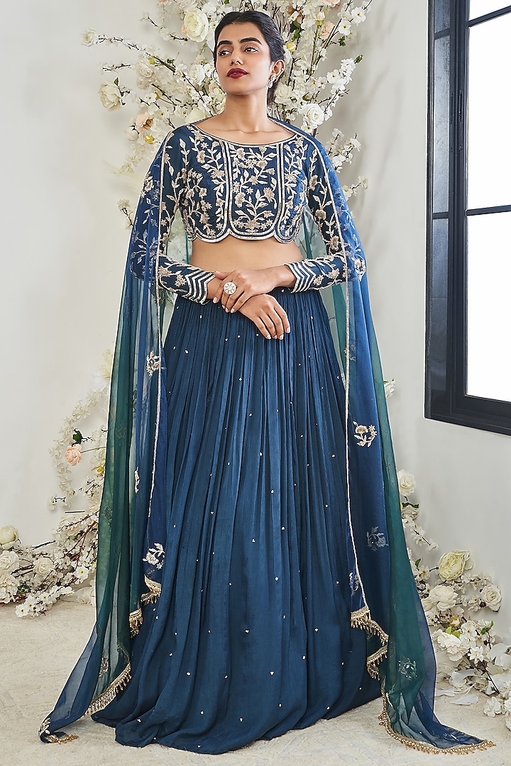 Teal Blue Wrinkle Chiffon Sequins Embroidered Wedding Lehenga Set by DISHA MUCHHALA at Pernia's Pop Up Shop