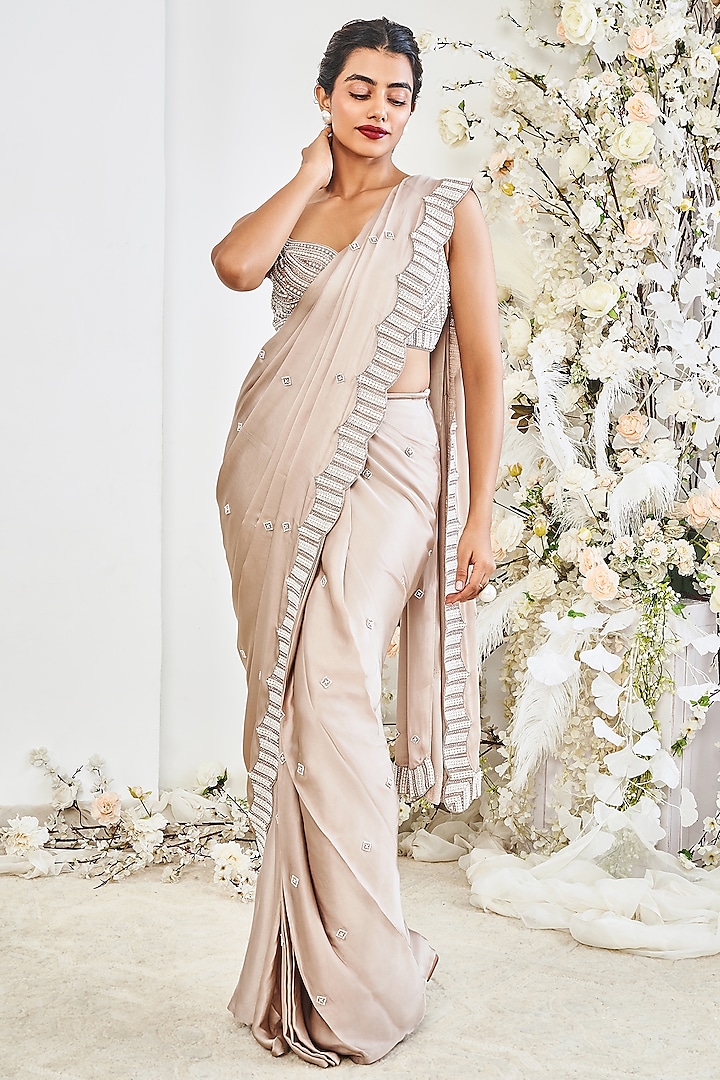 Cream-Beige Satin Georgette Hand Embroidered Draped Saree Set by DISHA MUCHHALA at Pernia's Pop Up Shop