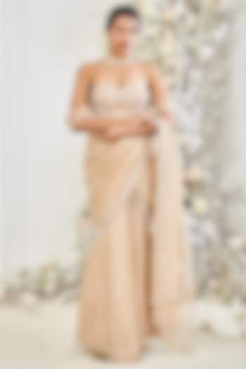 Beige Wrinkle Chiffon Sequins Embroidered Draped Saree Set by DISHA MUCHHALA at Pernia's Pop Up Shop