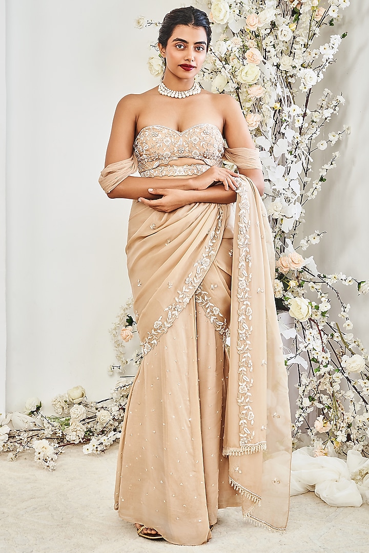 Beige Wrinkle Chiffon Sequins Embroidered Draped Saree Set by DISHA MUCHHALA at Pernia's Pop Up Shop