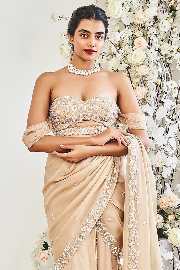 Beige Wrinkle Chiffon Sequins Embroidered Draped Wedding Saree Set by DISHA MUCHHALA at Pernia's Pop Up Shop