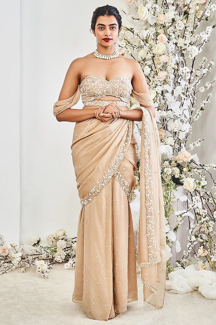 Beige Wrinkle Chiffon Sequins Embroidered Draped Wedding Saree Set by DISHA MUCHHALA at Pernia's Pop Up Shop
