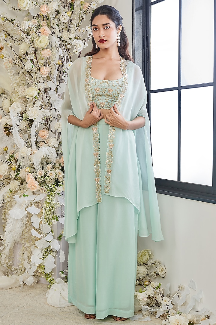 Turquoise Satin Organza & Silk Embroidered Cape Set by DISHA MUCHHALA at Pernia's Pop Up Shop