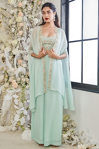 Turquoise Satin Organza & Silk Embroidered Cape Set by DISHA MUCHHALA